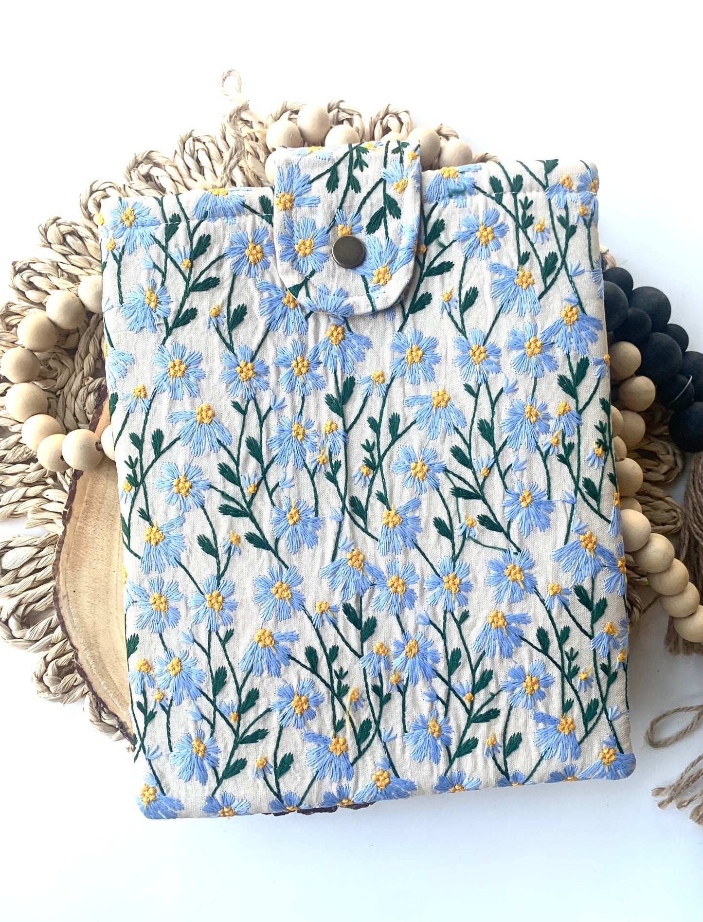 Book Sleeve, Blue Beige Daisy Embroidered Colorful Bookish Bag Zipper-Free Durable Padded Case Bookworm Colorful Stylish Fabric Book Gift