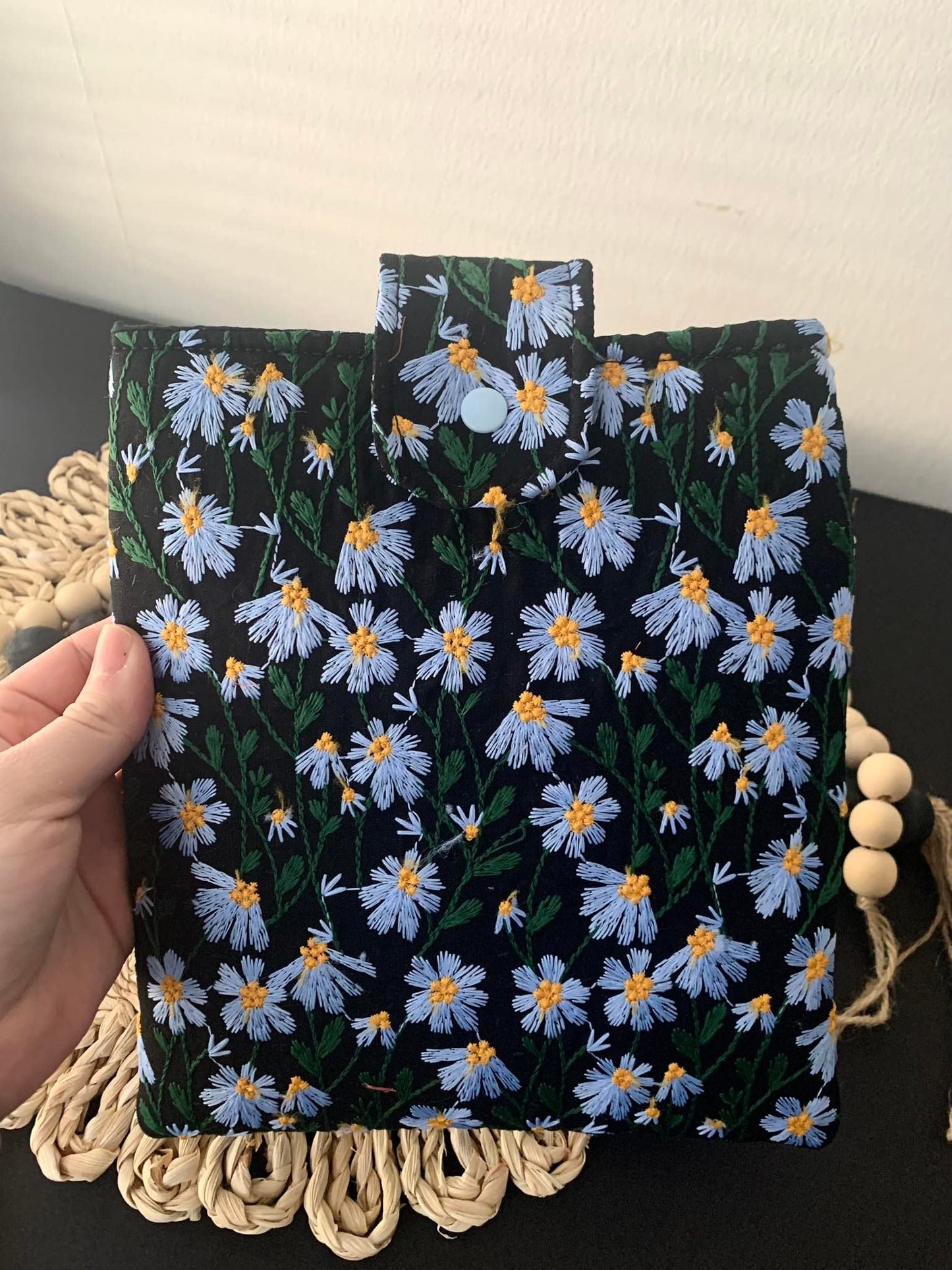 Book Sleeve, Blue Black Daisy Embroidered Padded Case Protective Cover Button Snap Closure Soft Handmade Colorful Stylish Fabric Book Gift