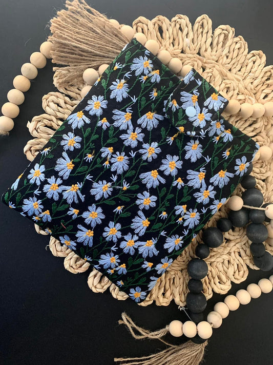 Book Sleeve, Blue Black Daisy Embroidered Padded Case Protective Cover Button Snap Closure Soft Handmade Colorful Stylish Fabric Book Gift