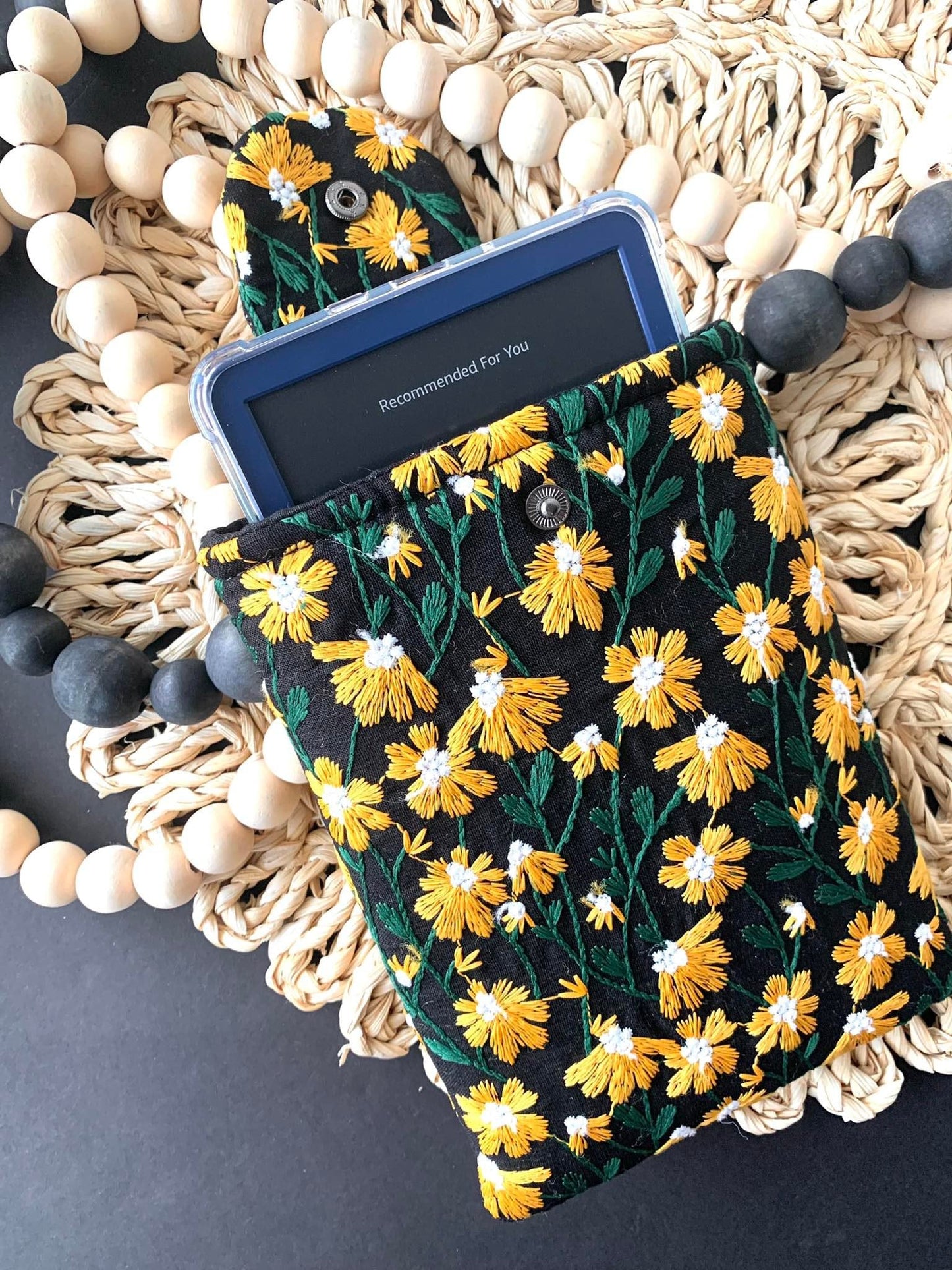 Book Sleeve, Yellow Black Daisy Embroidered Soft Cover Protective Closure Zipper-Free Case Sleeve Pouch Button Case Colorful Stylish Gift