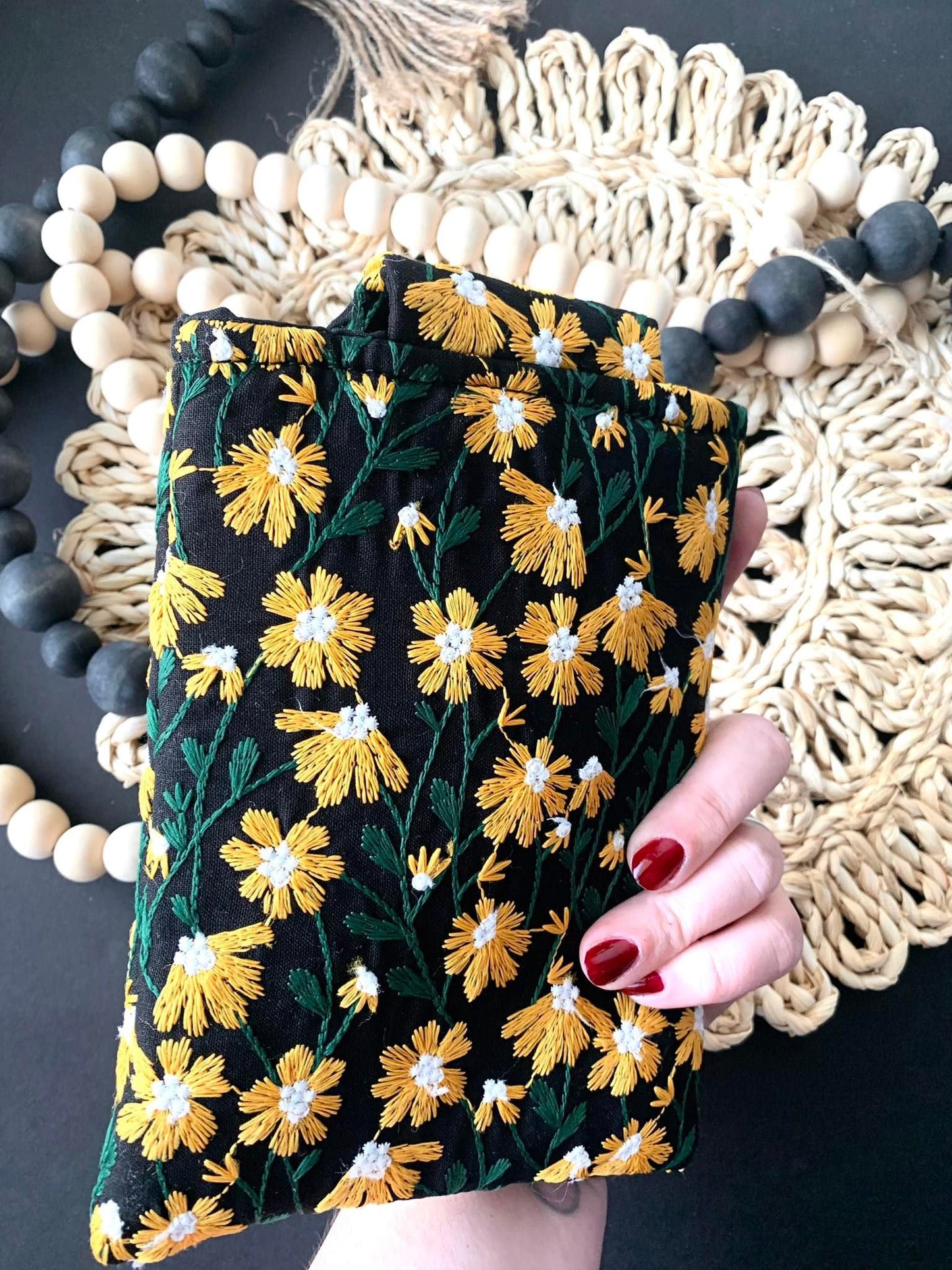 Book Sleeve, Yellow Black Daisy Embroidered Soft Cover Protective Closure Zipper-Free Case Sleeve Pouch Button Case Colorful Stylish Gift