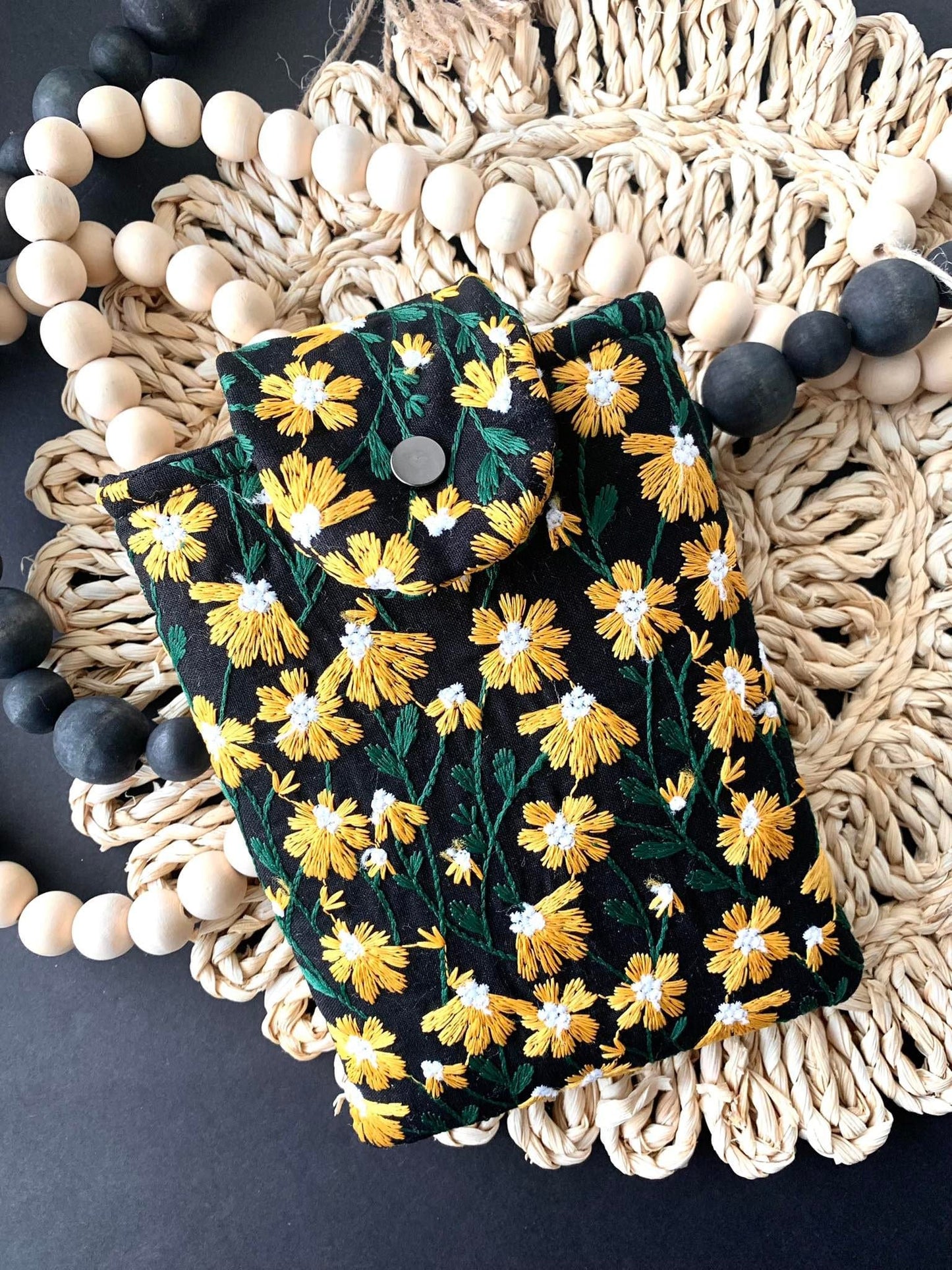 Book Sleeve, Yellow Black Daisy Embroidered Soft Cover Protective Closure Zipper-Free Case Sleeve Pouch Button Case Colorful Stylish Gift