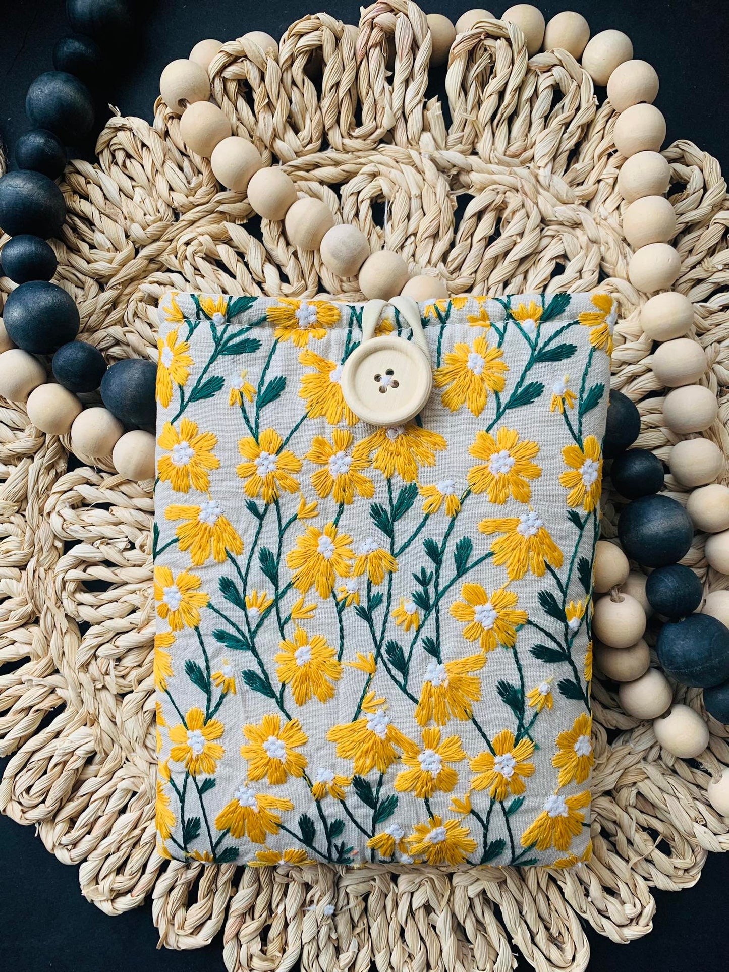 Book Sleeve, Yellow Beige Daisy Embroidered Case Bookworm Lined Padded Protective Snap Durable Custom Handmade Button Zipper-Free Fabric